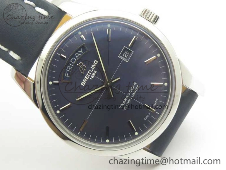 Unique Breitling Transocean Day & Date SS V7F 1:1 Best Edition Blue Dial on Blue Leather Strap A 5623