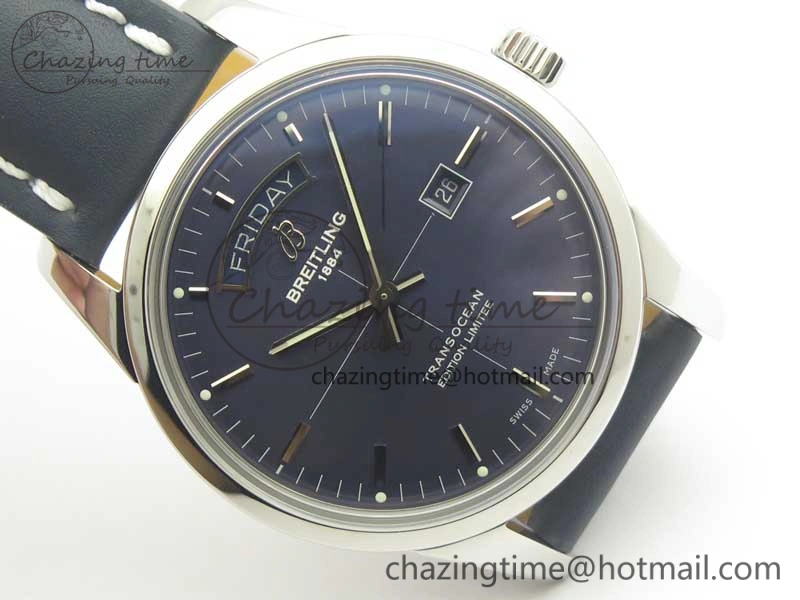 Unique Breitling Transocean Day & Date SS V7F 1:1 Best Edition Blue Dial on Blue Leather Strap A 5623