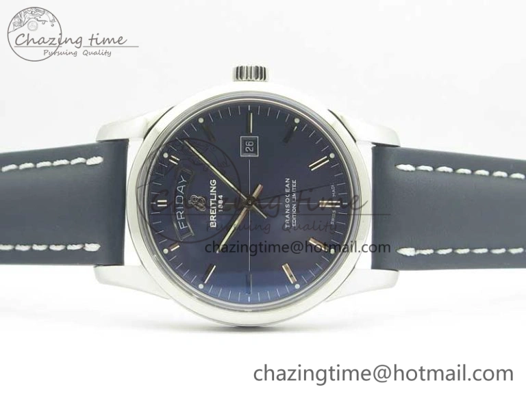 Unique Breitling Transocean Day & Date SS V7F 1:1 Best Edition Blue Dial on Blue Leather Strap A 5623