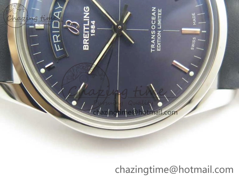 Unique Breitling Transocean Day & Date SS V7F 1:1 Best Edition Blue Dial on Blue Leather Strap A 5623