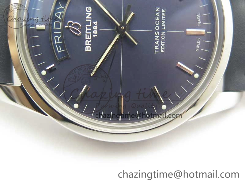 Unique Breitling Transocean Day & Date SS V7F 1:1 Best Edition Blue Dial on Blue Leather Strap A 5623