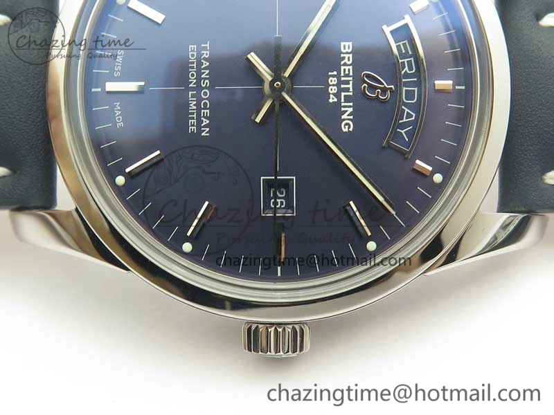 Unique Breitling Transocean Day & Date SS V7F 1:1 Best Edition Blue Dial on Blue Leather Strap A 5623