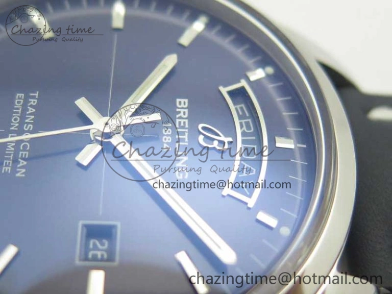 Unique Breitling Transocean Day & Date SS V7F 1:1 Best Edition Blue Dial on Blue Leather Strap A 5623