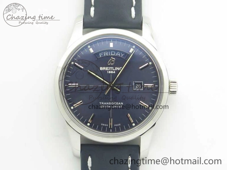 Unique Breitling Transocean Day & Date SS V7F 1:1 Best Edition Blue Dial on Blue Leather Strap A 5623