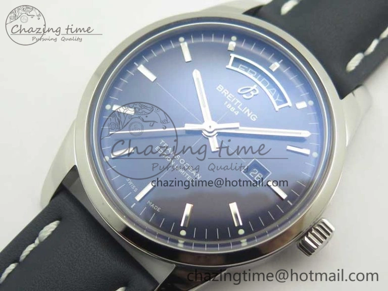 Unique Breitling Transocean Day & Date SS V7F 1:1 Best Edition Blue Dial on Blue Leather Strap A 5623