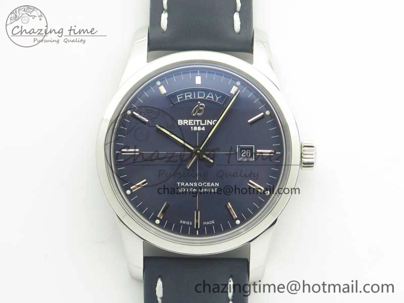 Unique Breitling Transocean Day & Date SS V7F 1:1 Best Edition Blue Dial on Blue Leather Strap A 5623