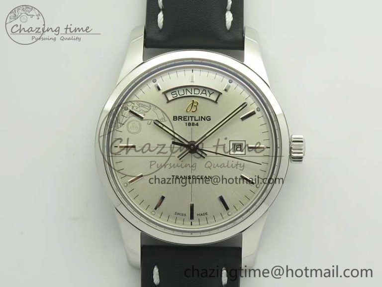 Sustainable Breitling Transocean Day & Date SS V7F 1:1 Best Edition Silver Dial on Black Leather Strap A 5621