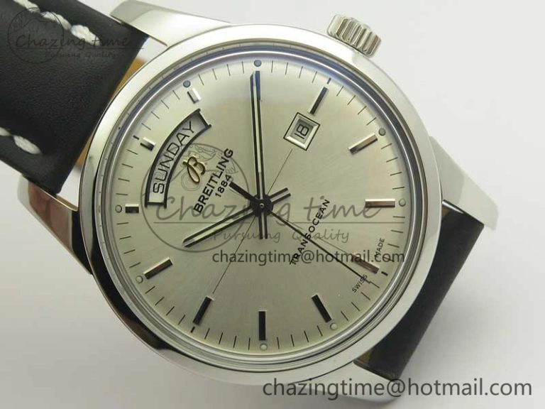 Sustainable Breitling Transocean Day & Date SS V7F 1:1 Best Edition Silver Dial on Black Leather Strap A 5621
