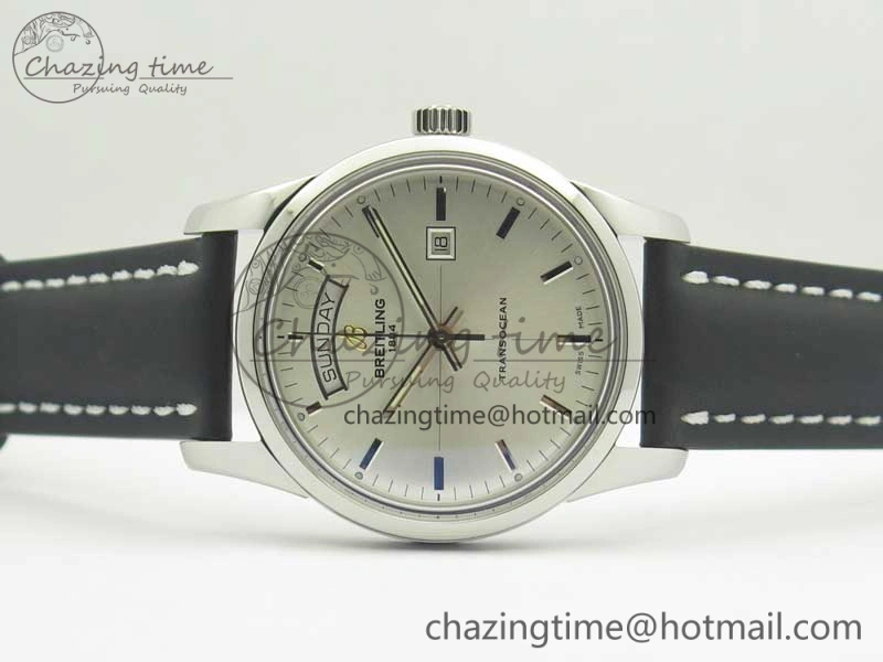 Sustainable Breitling Transocean Day & Date SS V7F 1:1 Best Edition Silver Dial on Black Leather Strap A 5621