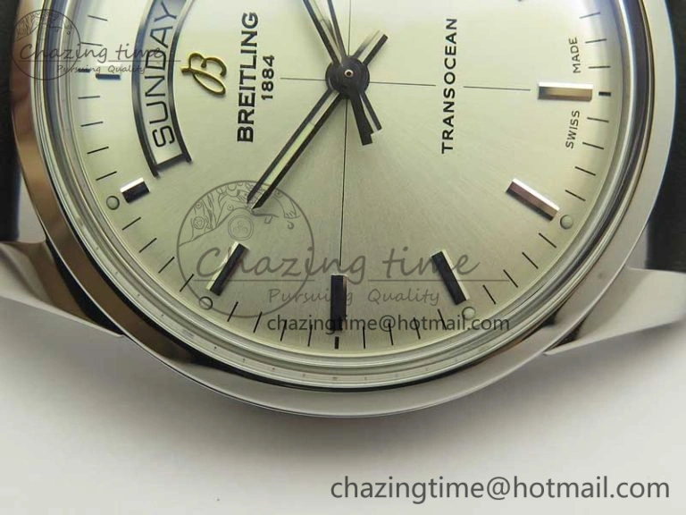 Sustainable Breitling Transocean Day & Date SS V7F 1:1 Best Edition Silver Dial on Black Leather Strap A 5621