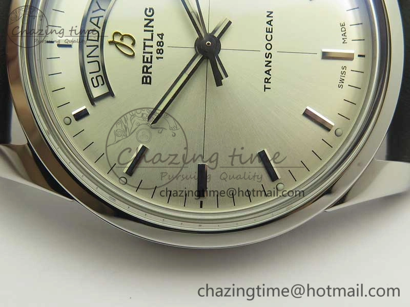 Sustainable Breitling Transocean Day & Date SS V7F 1:1 Best Edition Silver Dial on Black Leather Strap A 5621