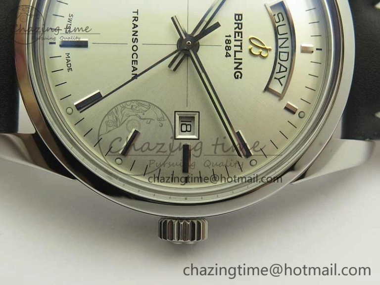 Sustainable Breitling Transocean Day & Date SS V7F 1:1 Best Edition Silver Dial on Black Leather Strap A 5621