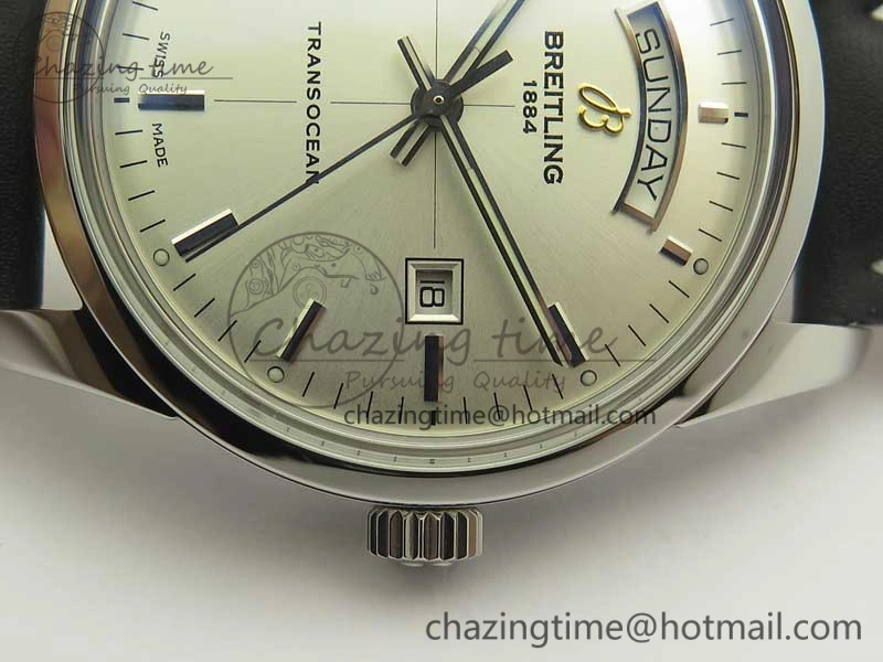 Sustainable Breitling Transocean Day & Date SS V7F 1:1 Best Edition Silver Dial on Black Leather Strap A 5621