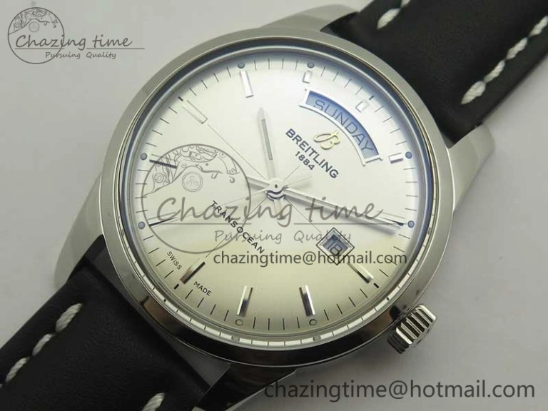 Sustainable Breitling Transocean Day & Date SS V7F 1:1 Best Edition Silver Dial on Black Leather Strap A 5621