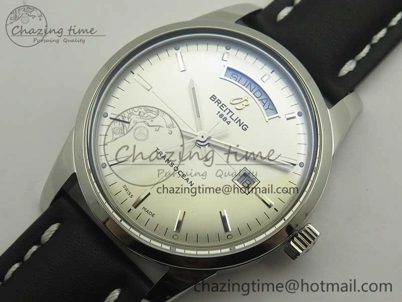 Sustainable Breitling Transocean Day & Date SS V7F 1:1 Best Edition Silver Dial on Black Leather Strap A 5621