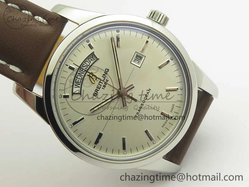 Breitling Transocean Day & Date SS V7F 1:1 Best Edition Silver Dial on Brown Leather Strap A SmartChoice 5622