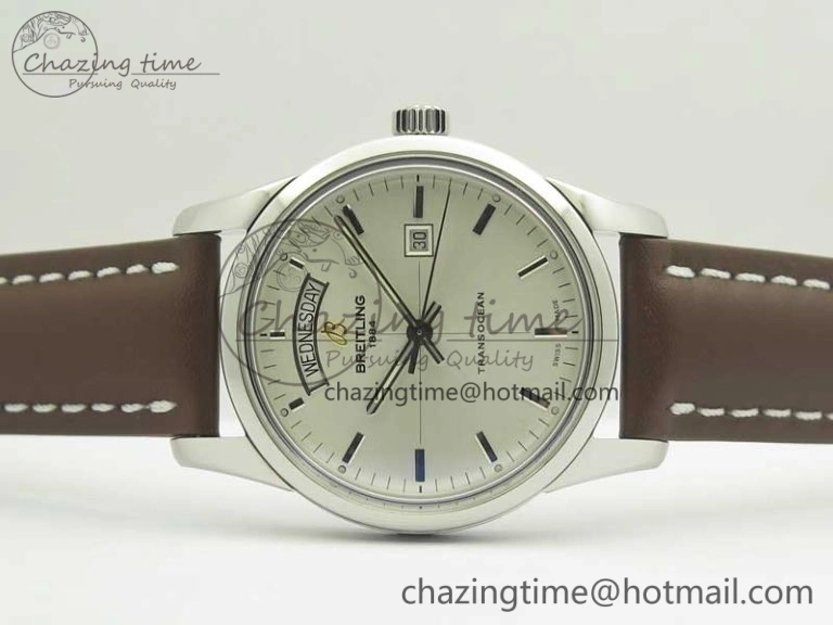 Breitling Transocean Day & Date SS V7F 1:1 Best Edition Silver Dial on Brown Leather Strap A SmartChoice 5622
