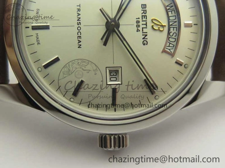 Breitling Transocean Day & Date SS V7F 1:1 Best Edition Silver Dial on Brown Leather Strap A SmartChoice 5622