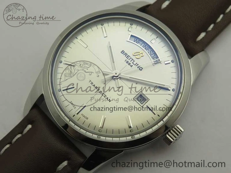 Breitling Transocean Day & Date SS V7F 1:1 Best Edition Silver Dial on Brown Leather Strap A SmartChoice 5622