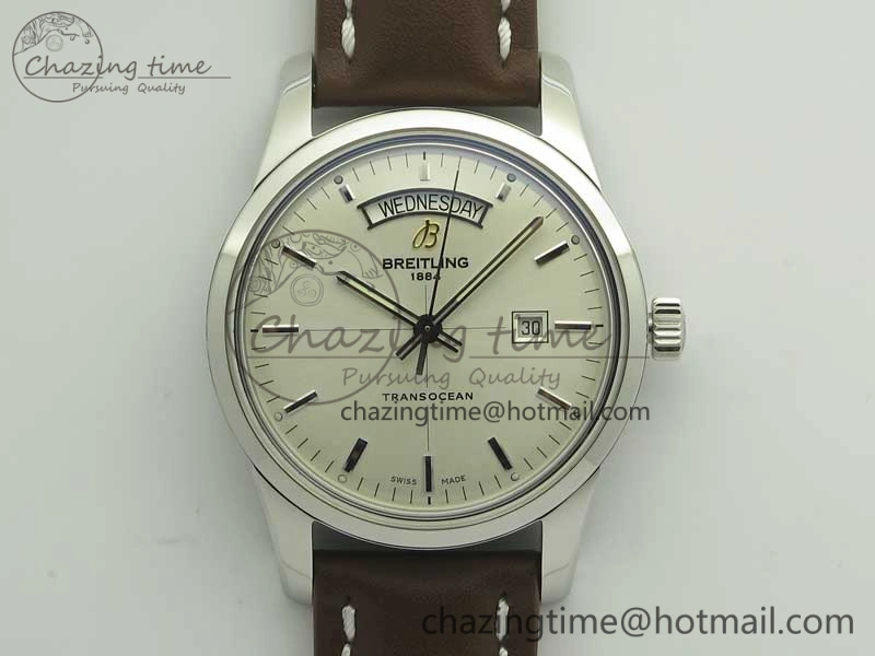 Breitling Transocean Day & Date SS V7F 1:1 Best Edition Silver Dial on Brown Leather Strap A SmartChoice 5622