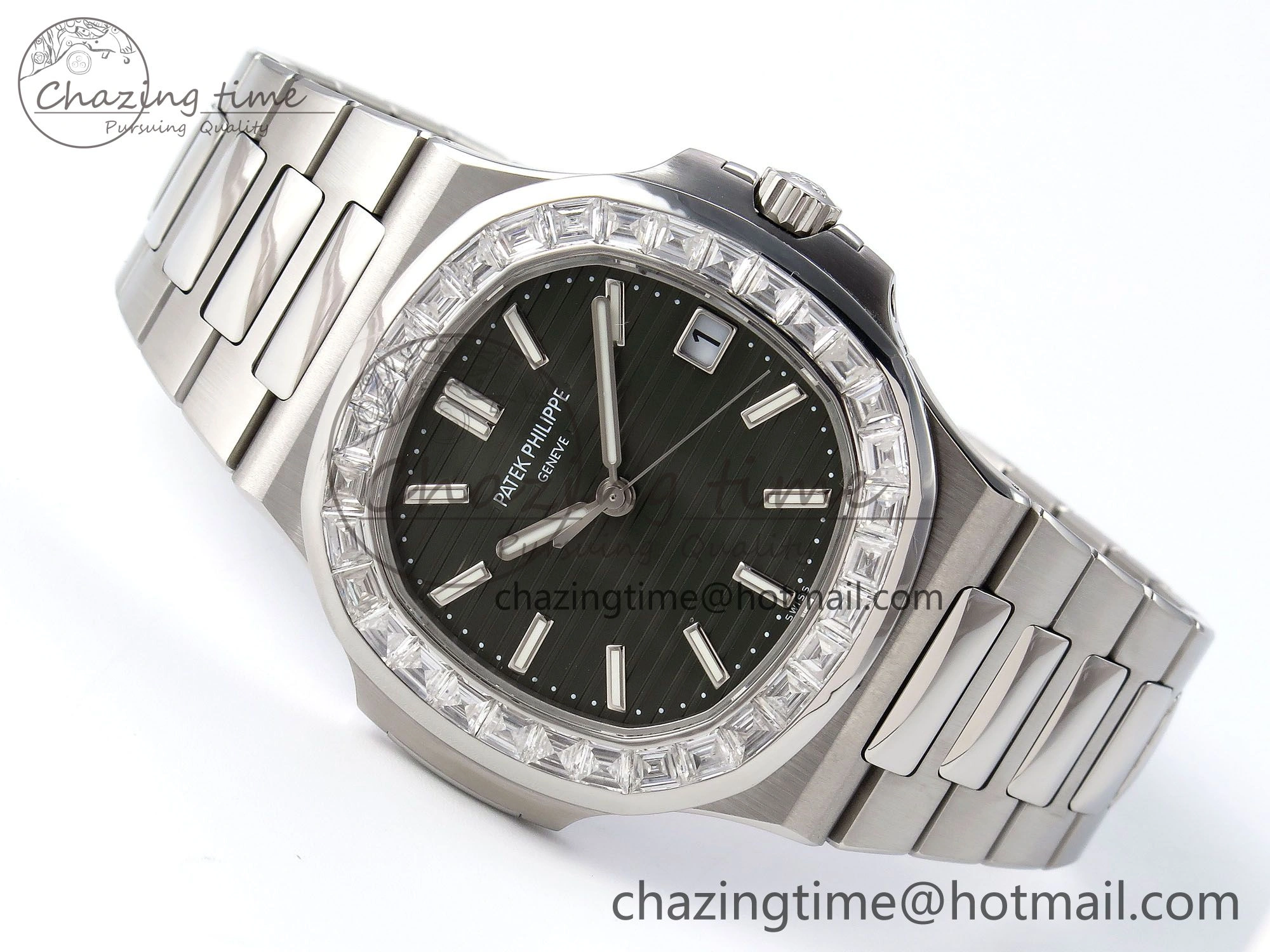 Supportive CUSTOM MODDED NAUTILUS 5711 1300A-001 BUFF 1:1 Edition Diamonds Bezel Green Dial On SS Bracelet PPM324 Super Clone 10851
