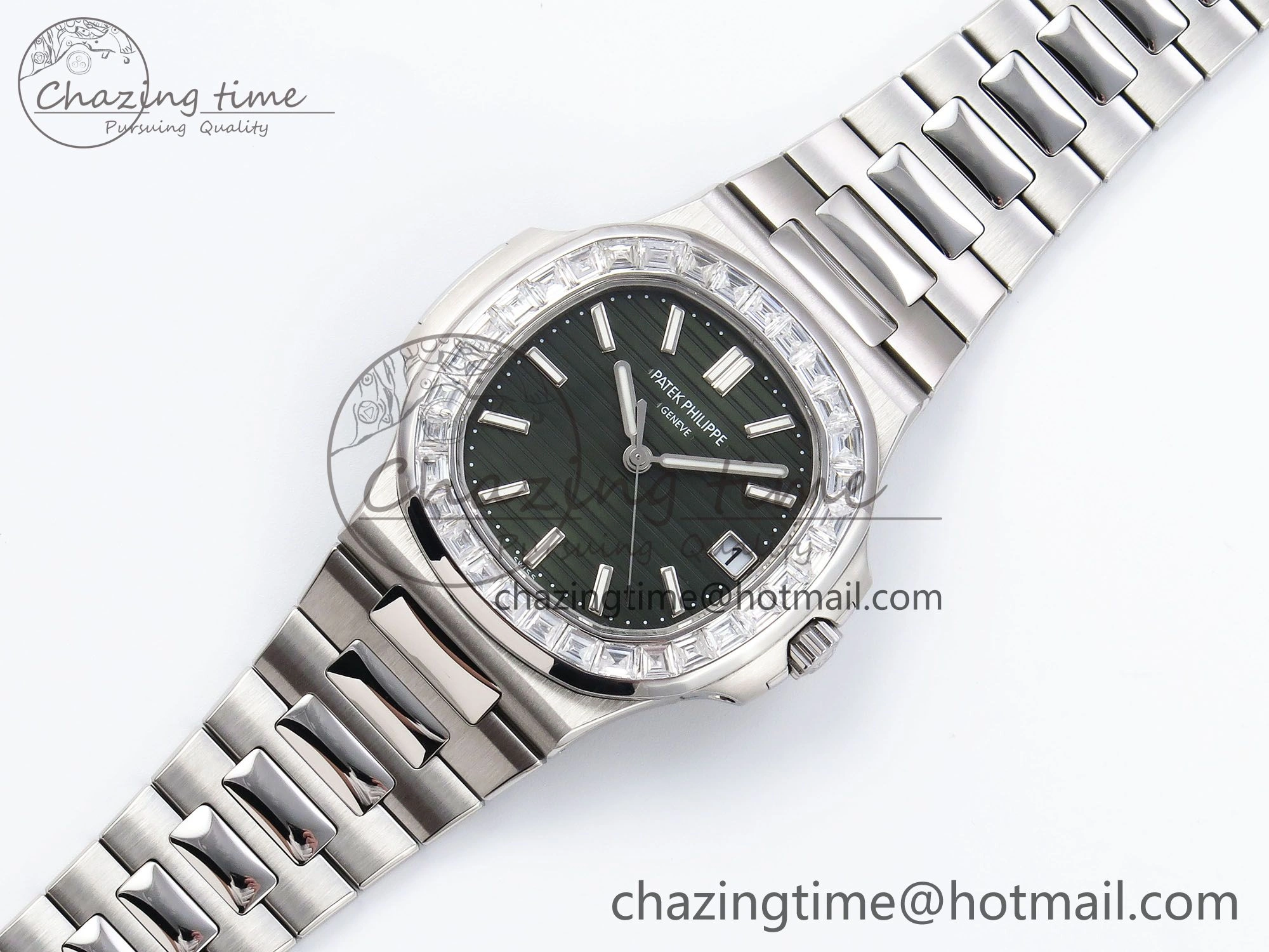 Supportive CUSTOM MODDED NAUTILUS 5711 1300A-001 BUFF 1:1 Edition Diamonds Bezel Green Dial On SS Bracelet PPM324 Super Clone 10851