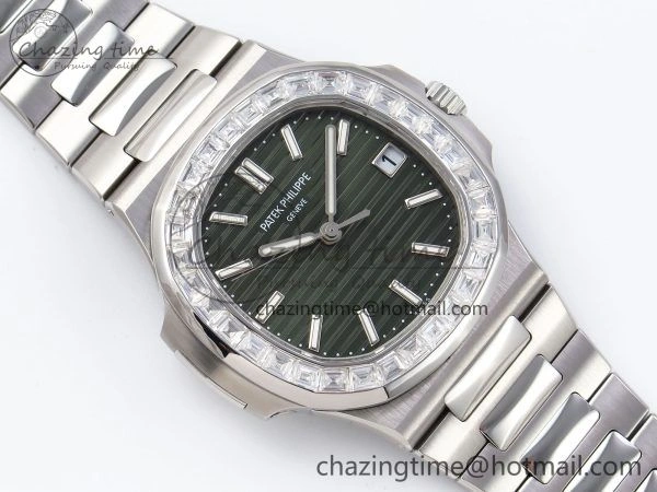 Supportive CUSTOM MODDED NAUTILUS 5711 1300A-001 BUFF 1:1 Edition Diamonds Bezel Green Dial On SS Bracelet PPM324 Super Clone 10851