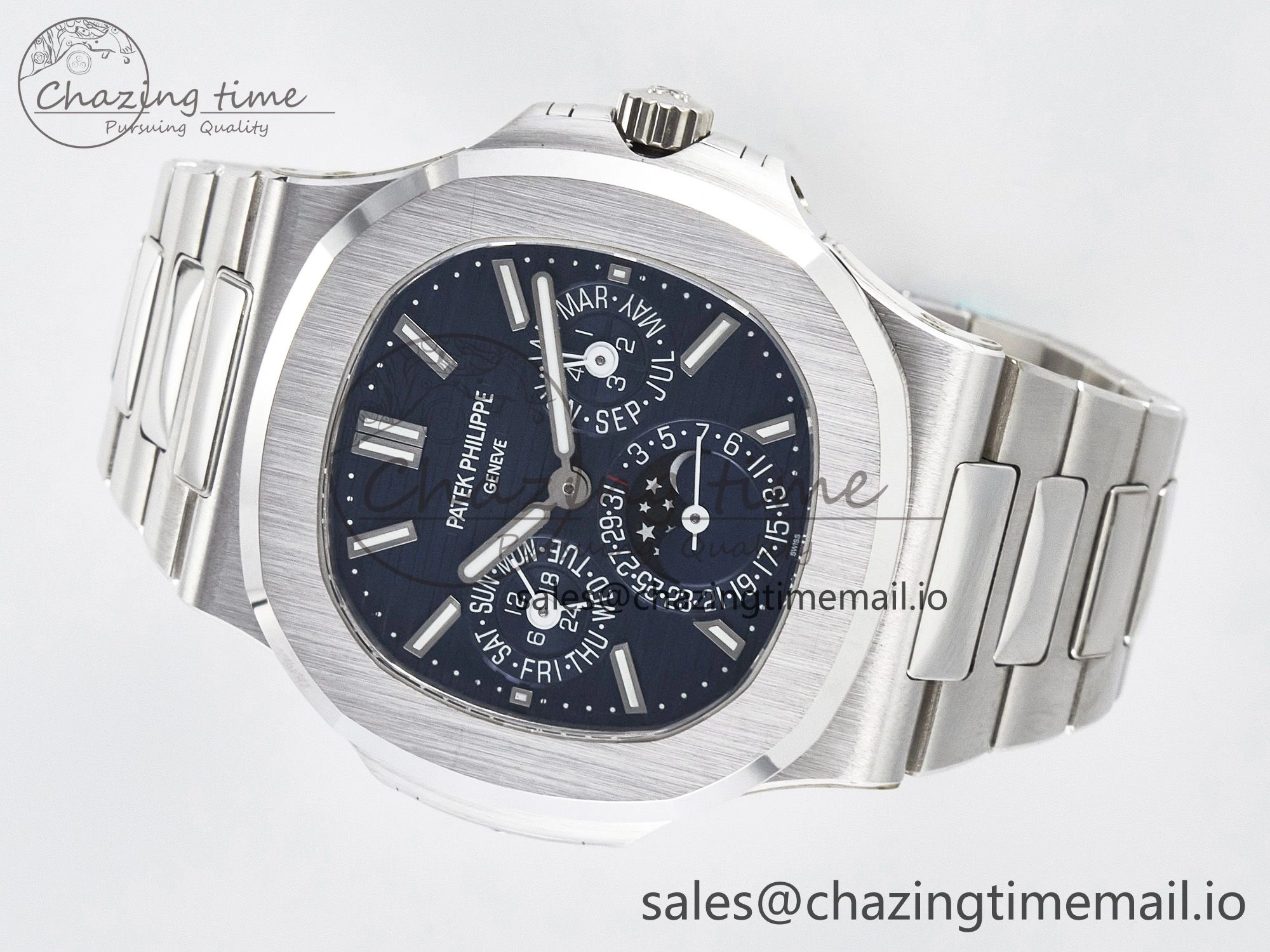 CUSTOM MODDED NAUTILUS 5740 1G Perpetual Calendar PPM 1:1 BEST EDITION BLUE DIAL ON SS BRACELET PPM240 Q SUPER CLONE MOVEMENT HighQuality 10838