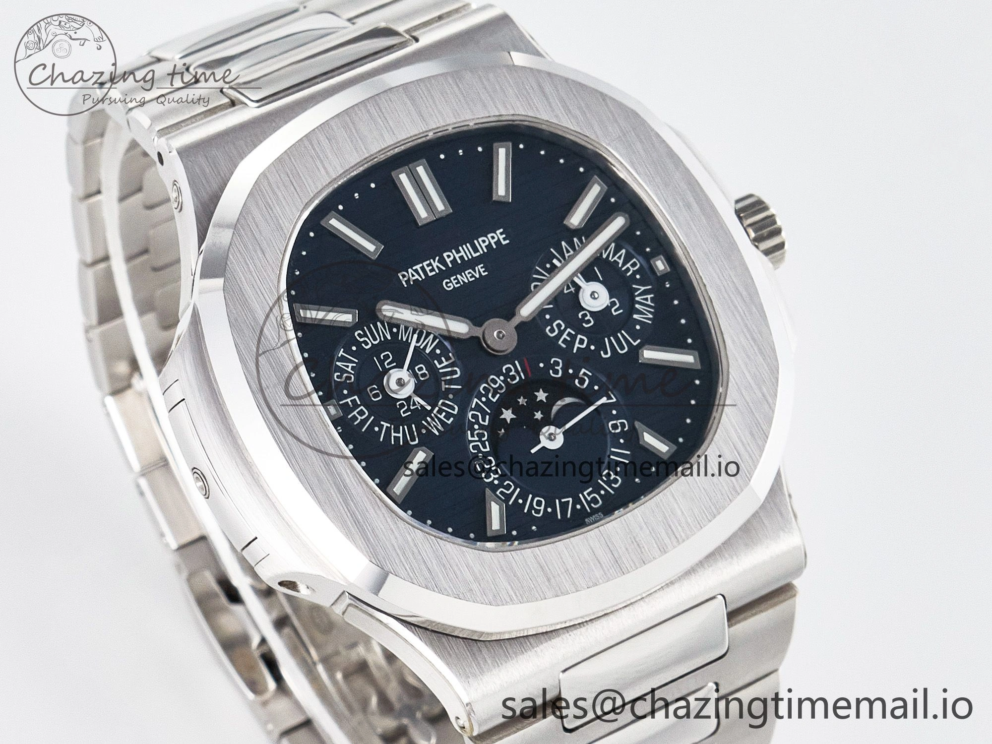 CUSTOM MODDED NAUTILUS 5740 1G Perpetual Calendar PPM 1:1 BEST EDITION BLUE DIAL ON SS BRACELET PPM240 Q SUPER CLONE MOVEMENT HighQuality 10838