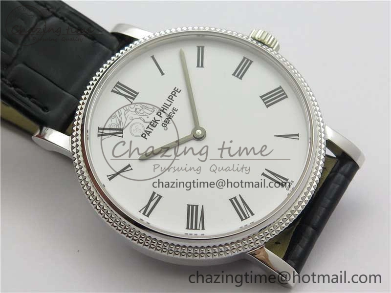 Durable Calatrava 5120 SS TWF Best Edition White Dial on Black Leather Strap A240 (Free Bracelet) 8955