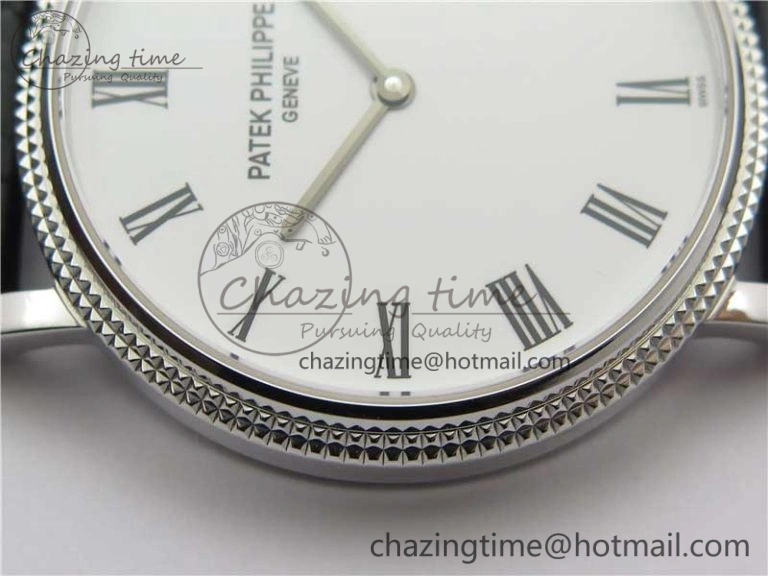 Durable Calatrava 5120 SS TWF Best Edition White Dial on Black Leather Strap A240 (Free Bracelet) 8955