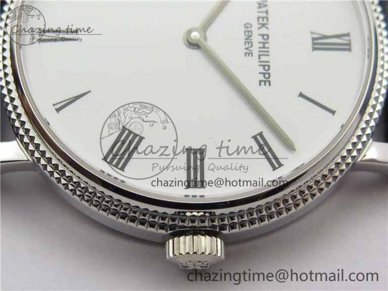 Durable Calatrava 5120 SS TWF Best Edition White Dial on Black Leather Strap A240 (Free Bracelet) 8955