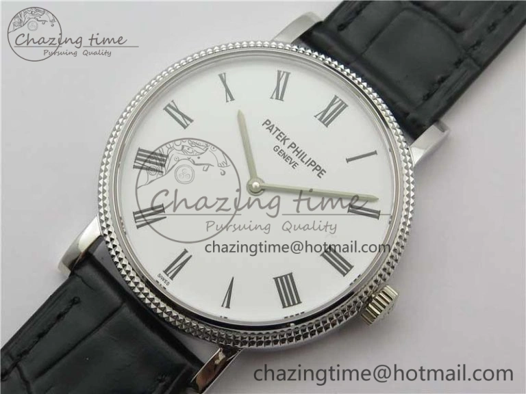 Durable Calatrava 5120 SS TWF Best Edition White Dial on Black Leather Strap A240 (Free Bracelet) 8955