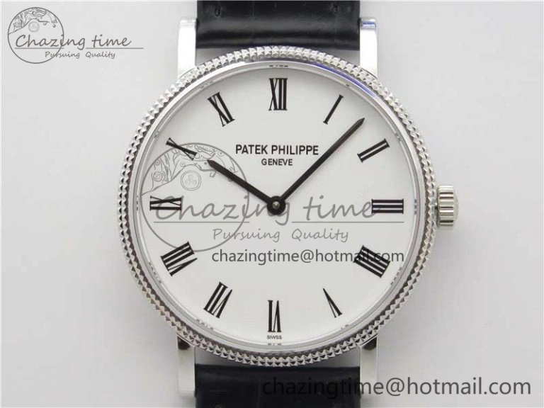 Durable Calatrava 5120 SS TWF Best Edition White Dial on Black Leather Strap A240 (Free Bracelet) 8955