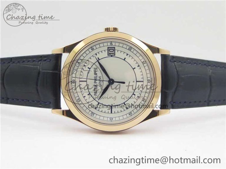 Thermal Calatrava 5296G RG ZF 1:1 Best Edition White Dial Blue Hands on Black Leather Strap 324CS 8945