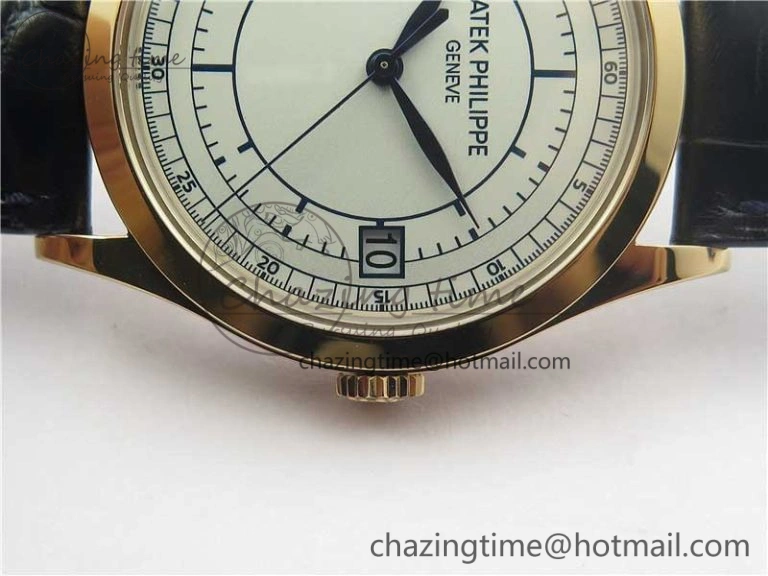Thermal Calatrava 5296G RG ZF 1:1 Best Edition White Dial Blue Hands on Black Leather Strap 324CS 8945