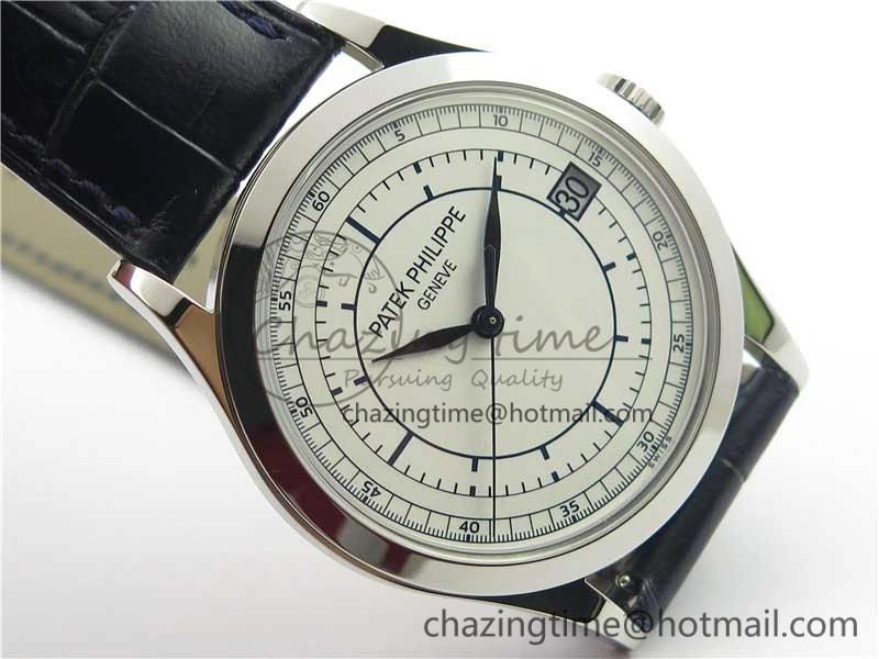 Calatrava 5296G SS ZF 1:1 Best Edition White Dial Blue Hands on Black Leather Strap 324CS ZeroBulk 8947