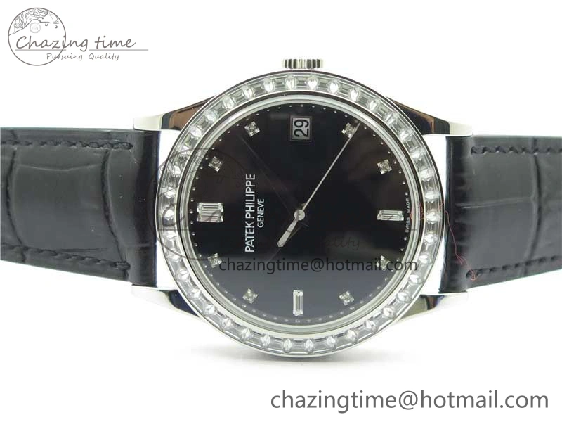 Calatrava 5298P-012 SS T Diamonds Bezel ZF 1:1 Best Edition Black Dial on Black Leather Strap A324CS FashionForward 8874