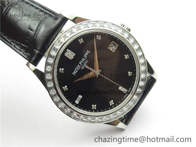Calatrava 5298P-012 SS T Diamonds Bezel ZF 1:1 Best Edition Black Dial on Black Leather Strap A324CS FashionForward 8874