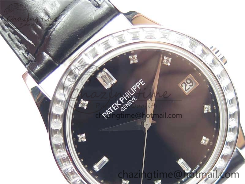 Calatrava 5298P-012 SS T Diamonds Bezel ZF 1:1 Best Edition Black Dial on Black Leather Strap A324CS FashionForward 8874