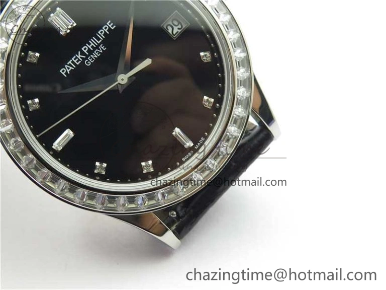 Calatrava 5298P-012 SS T Diamonds Bezel ZF 1:1 Best Edition Black Dial on Black Leather Strap A324CS FashionForward 8874
