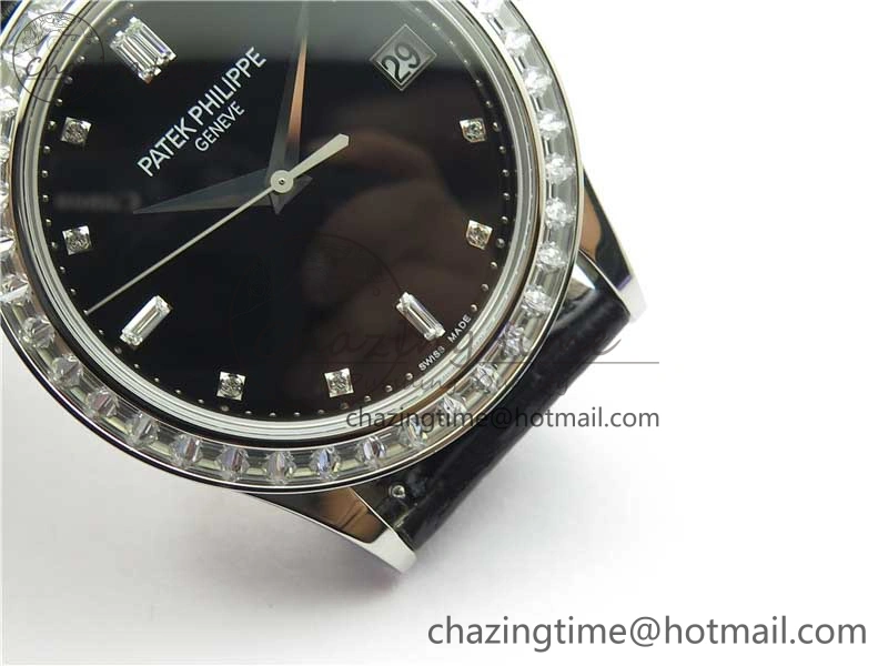 Calatrava 5298P-012 SS T Diamonds Bezel ZF 1:1 Best Edition Black Dial on Black Leather Strap A324CS FashionForward 8874