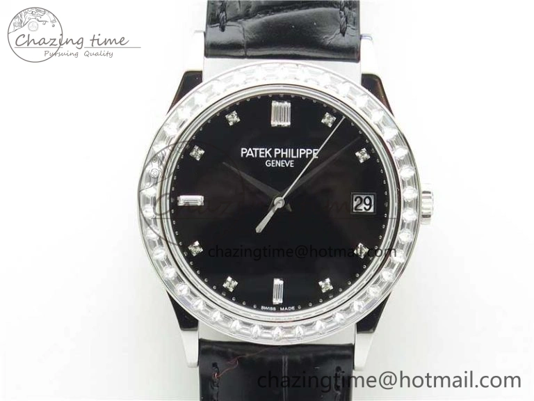 Calatrava 5298P-012 SS T Diamonds Bezel ZF 1:1 Best Edition Black Dial on Black Leather Strap A324CS FashionForward 8874