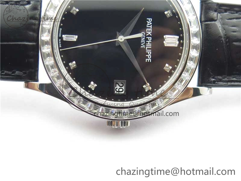 Calatrava 5298P-012 SS T Diamonds Bezel ZF 1:1 Best Edition Black Dial on Black Leather Strap A324CS FashionForward 8874