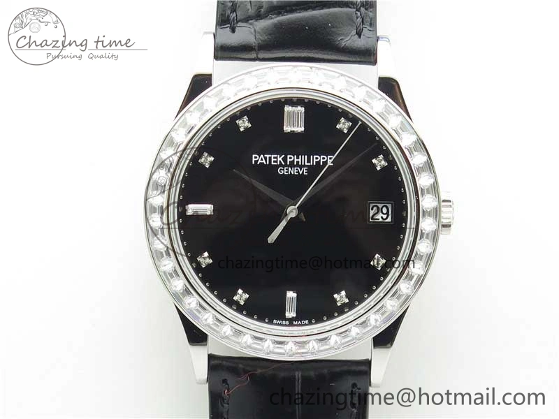 Calatrava 5298P-012 SS T Diamonds Bezel ZF 1:1 Best Edition Black Dial on Black Leather Strap A324CS FashionForward 8874