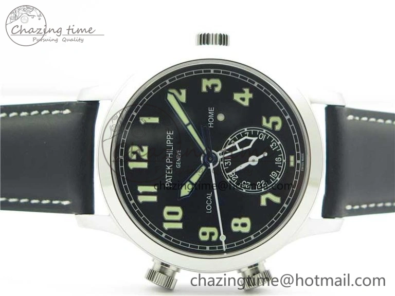 Packable Calatrava 5524 Pilot Travel Time SS GRF Black Dial on Black Leather Strap A324 V 8916