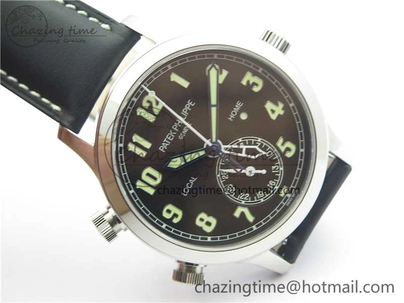 Packable Calatrava 5524 Pilot Travel Time SS GRF Black Dial on Black Leather Strap A324 V 8916