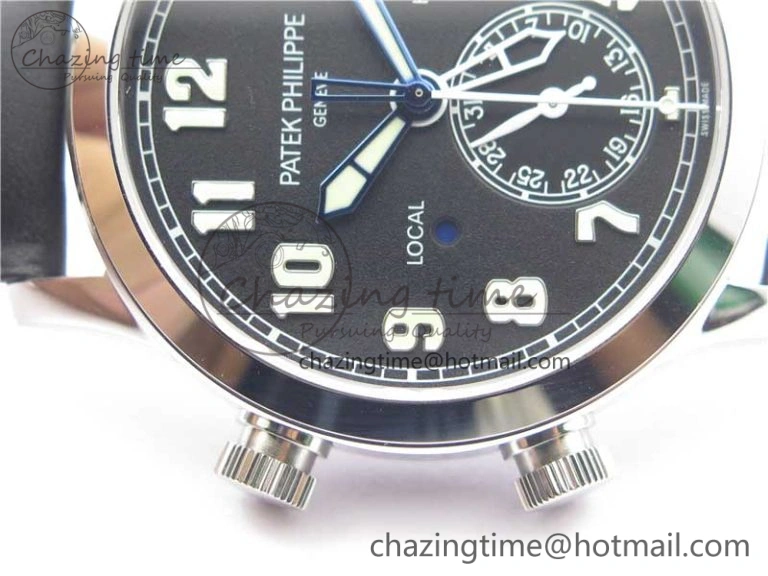 Packable Calatrava 5524 Pilot Travel Time SS GRF Black Dial on Black Leather Strap A324 V 8916