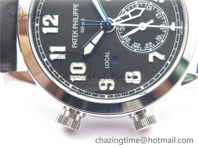 Packable Calatrava 5524 Pilot Travel Time SS GRF Black Dial on Black Leather Strap A324 V 8916