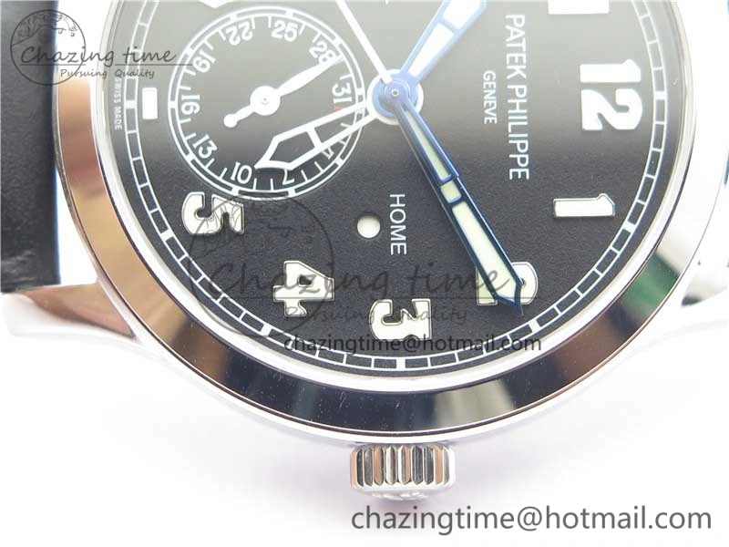 Packable Calatrava 5524 Pilot Travel Time SS GRF Black Dial on Black Leather Strap A324 V 8916